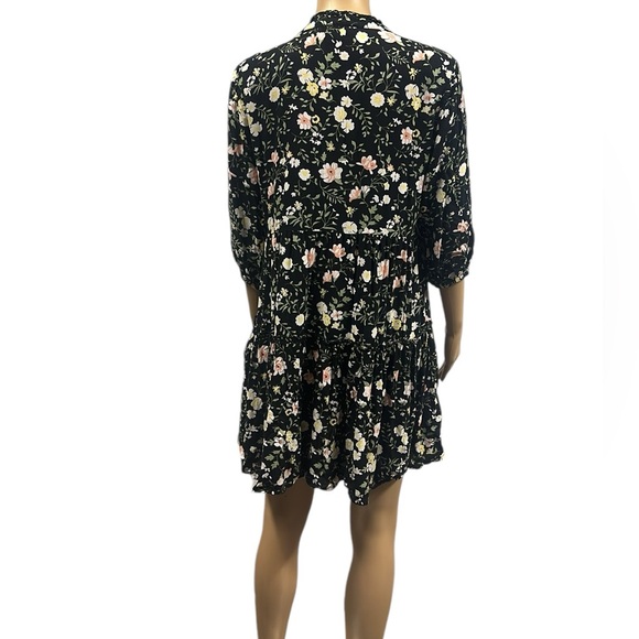 J Gee Black Floral Babydoll 3 Quarter Sleeve Half Button Up Dress Womens Small - Picture 2 of 7